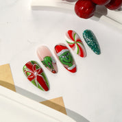 Green Xmas nail design – handmade press-on nails by Handora