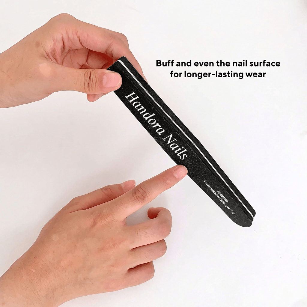 Handora Nail File Set press-on nails worn on hand – almond shape by Handora