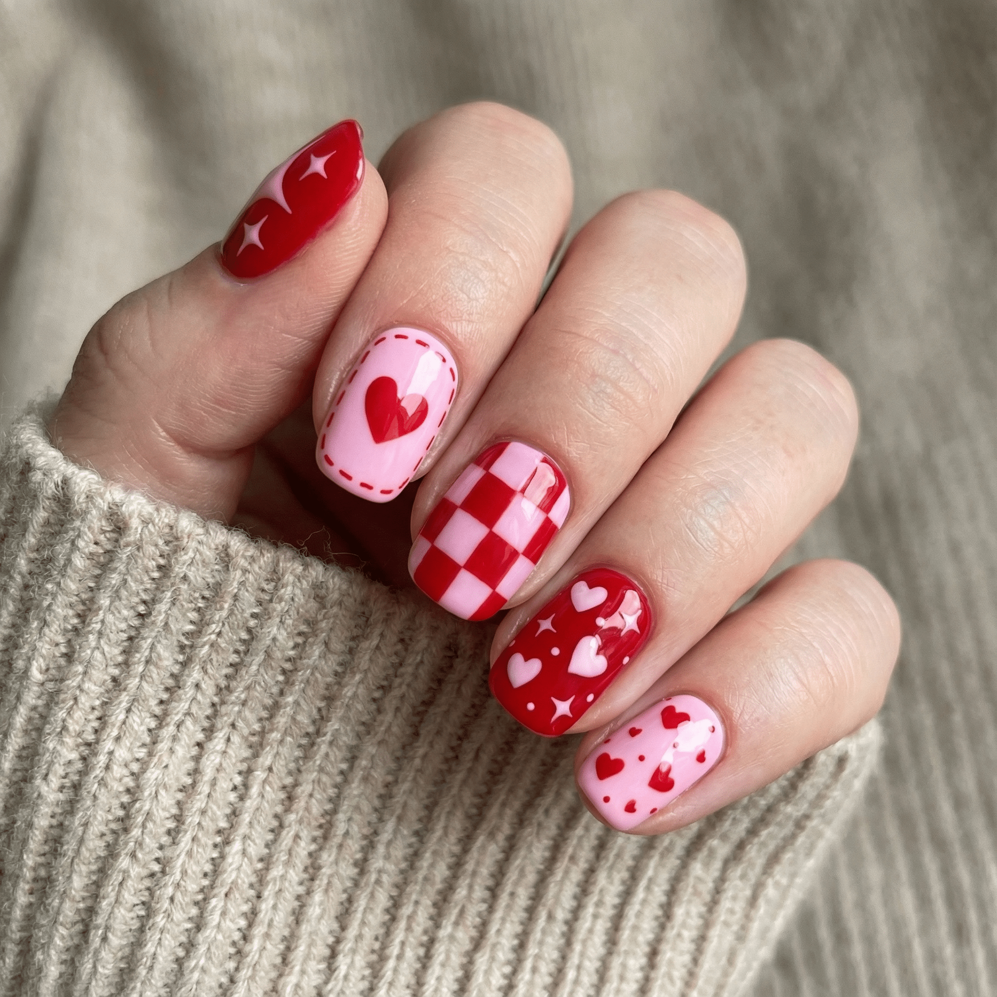 Heart Sparkle press-on nails – hand-painted reusable gel set by Handora