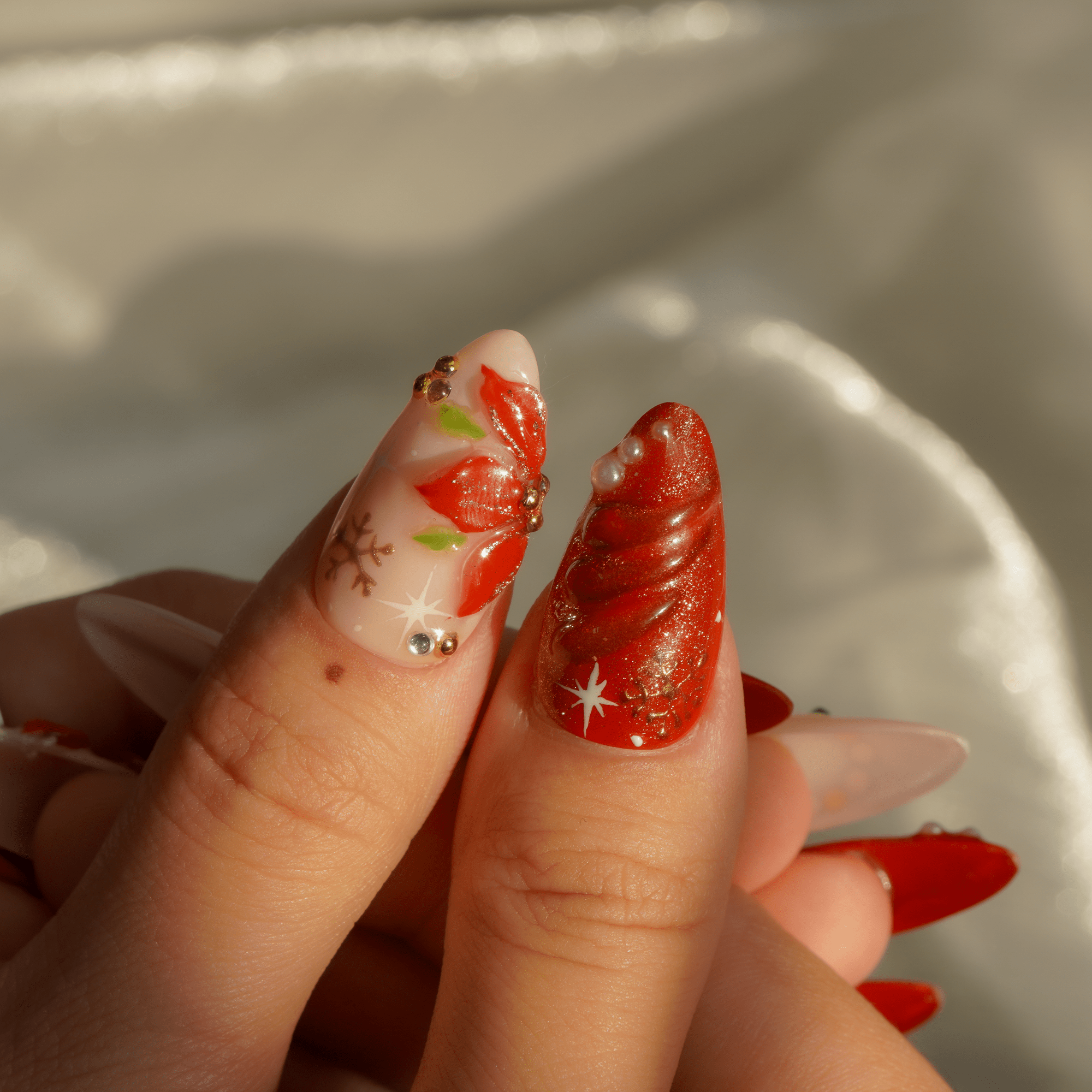 Holiday Bloom almond press-on nails – design close-up by Handora