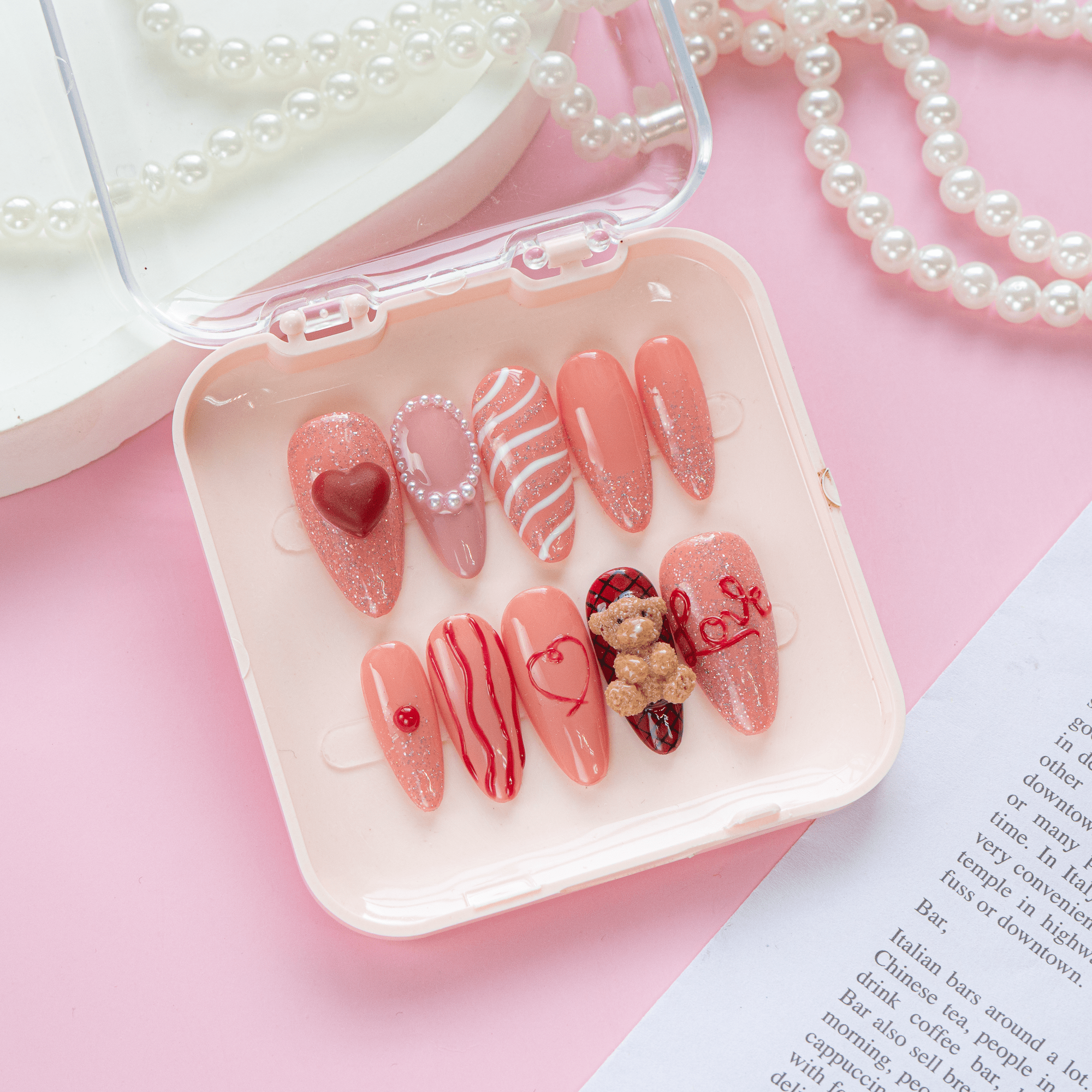 Honey Teddy almond press-on nails – design close-up by Handora