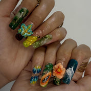 Tropical Jungle press-on nails – design close-up by Handora