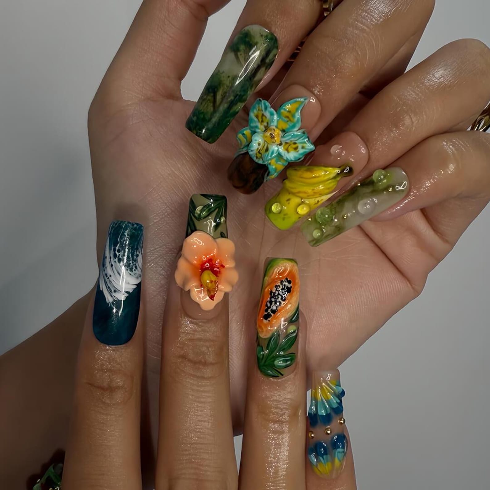 Tropical Jungle nail design – handmade press-on nails by Handora