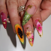 Papaya Bloom press-on nails worn on hand – almond shape by Handora