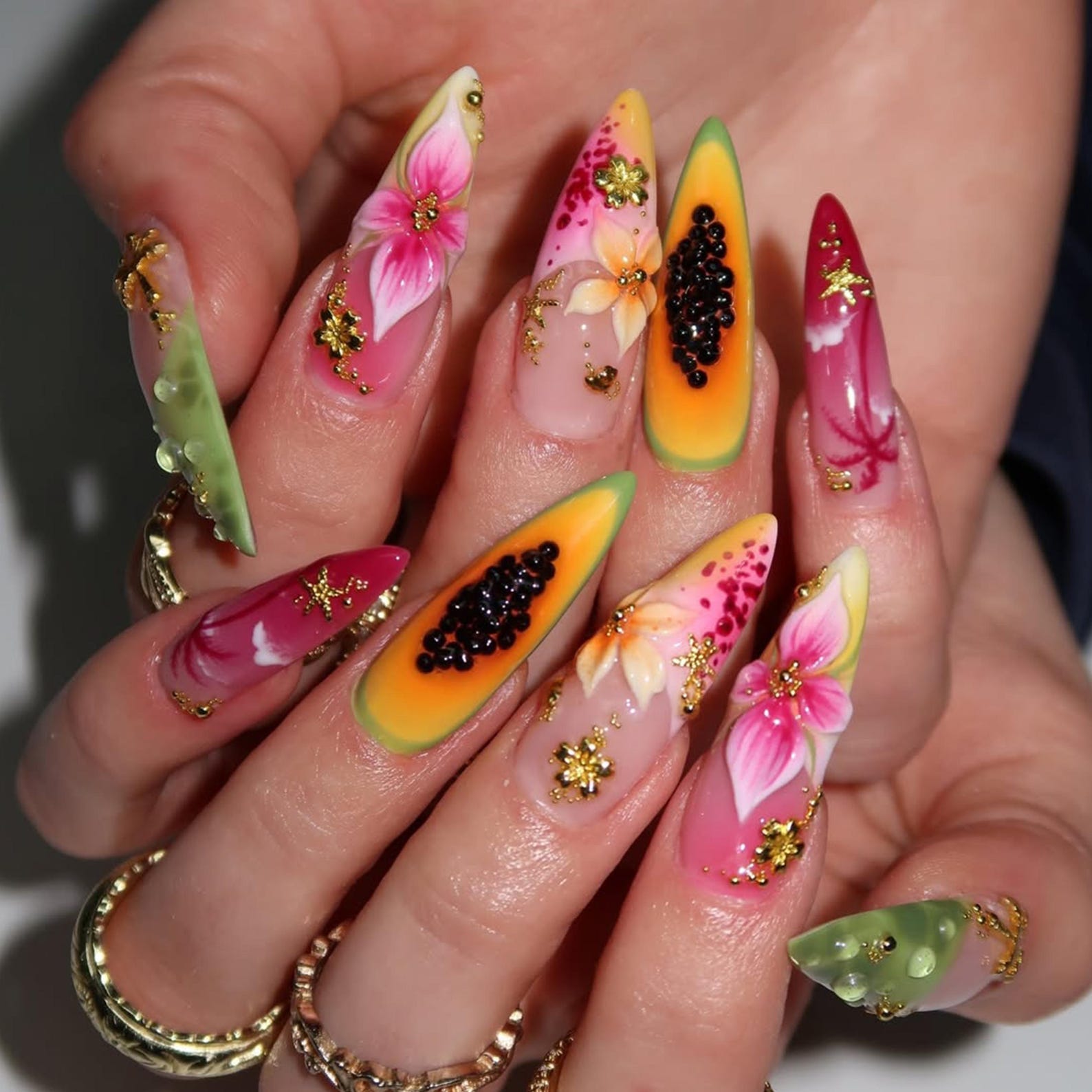 Papaya Bloom press-on nails – hand-painted reusable gel set by Handora