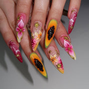 Papaya Bloom floral nail design – handmade press-on nails by Handora