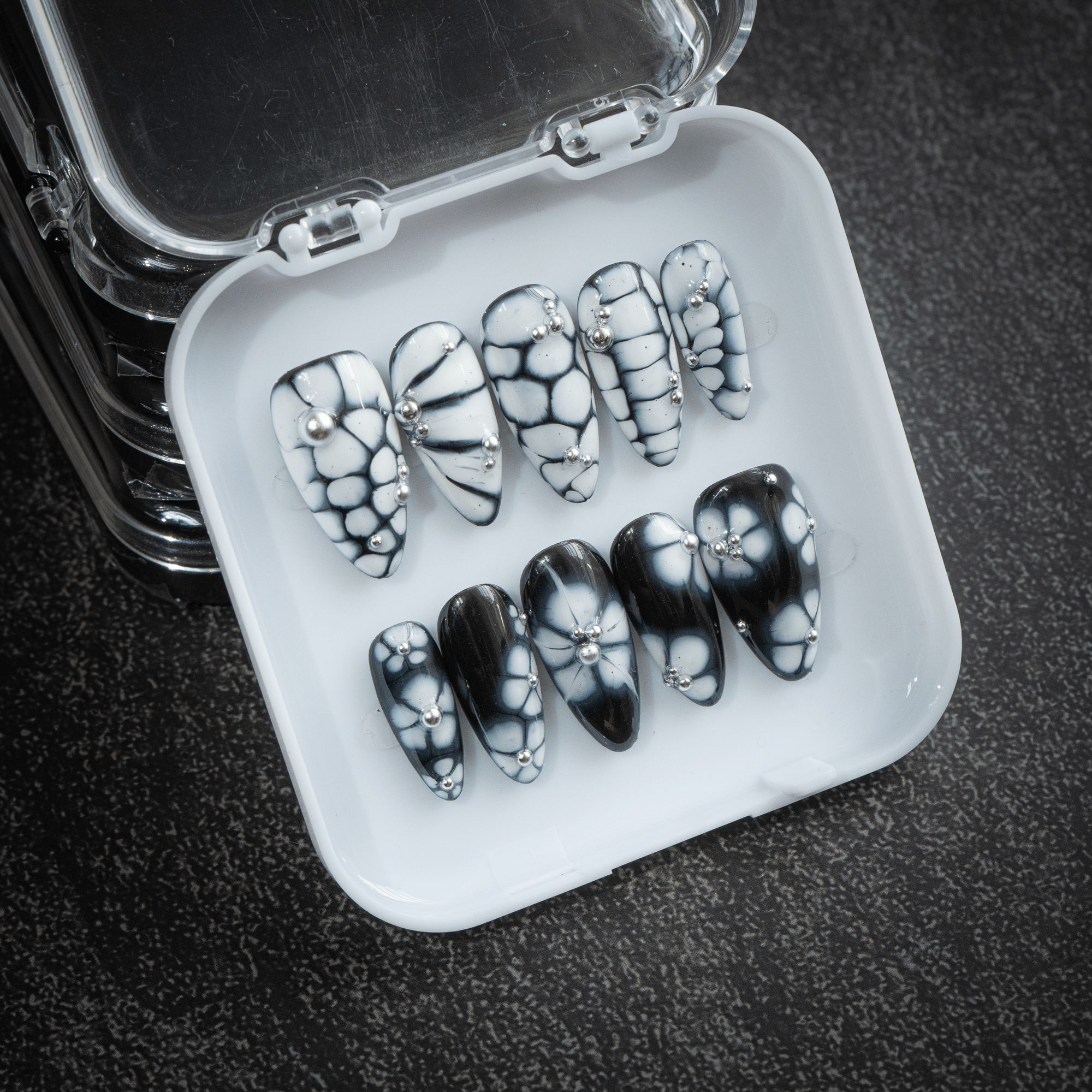 Ink Petals press-on nails – design close-up by Handora