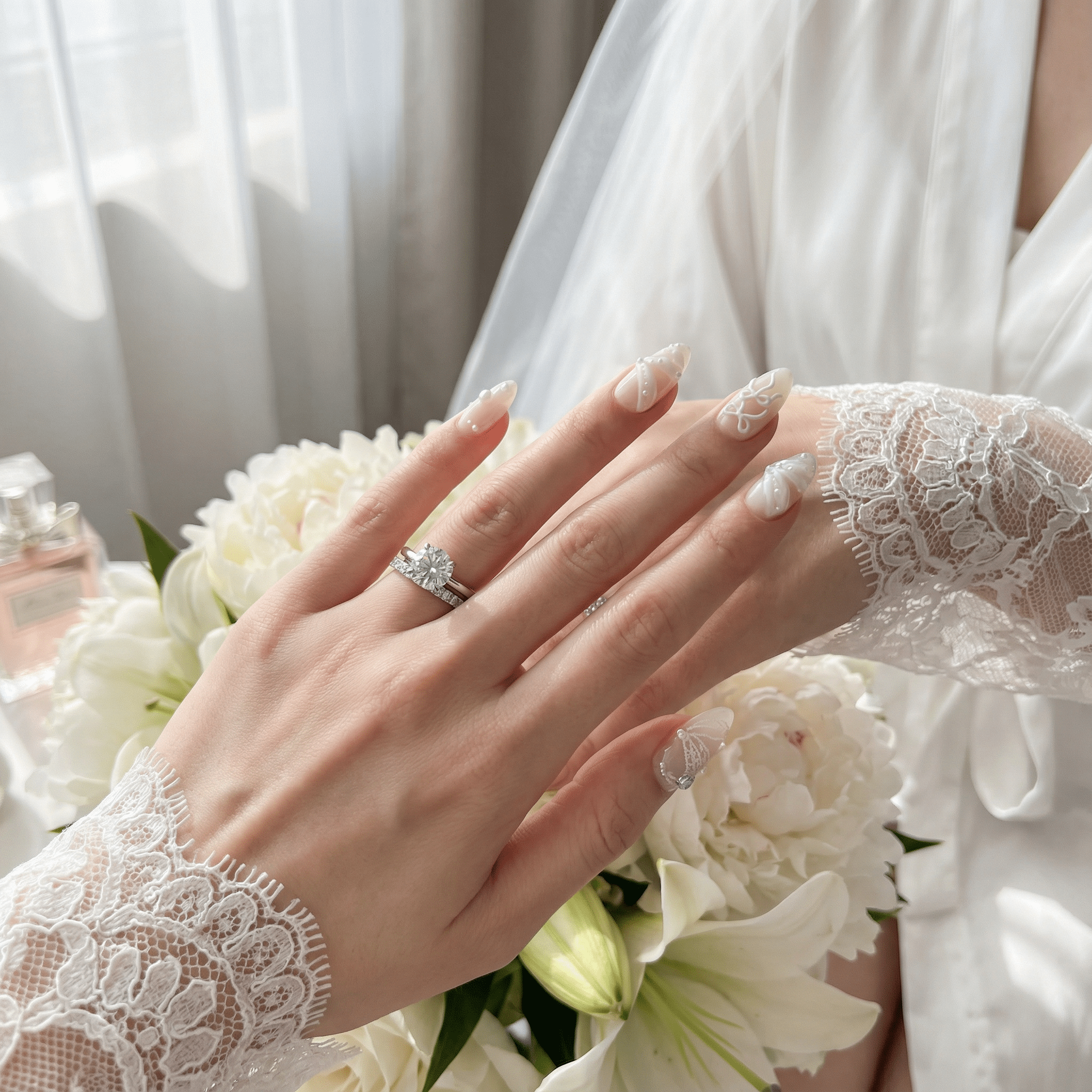 Ivory Lace press-on nails – design close-up by Handora
