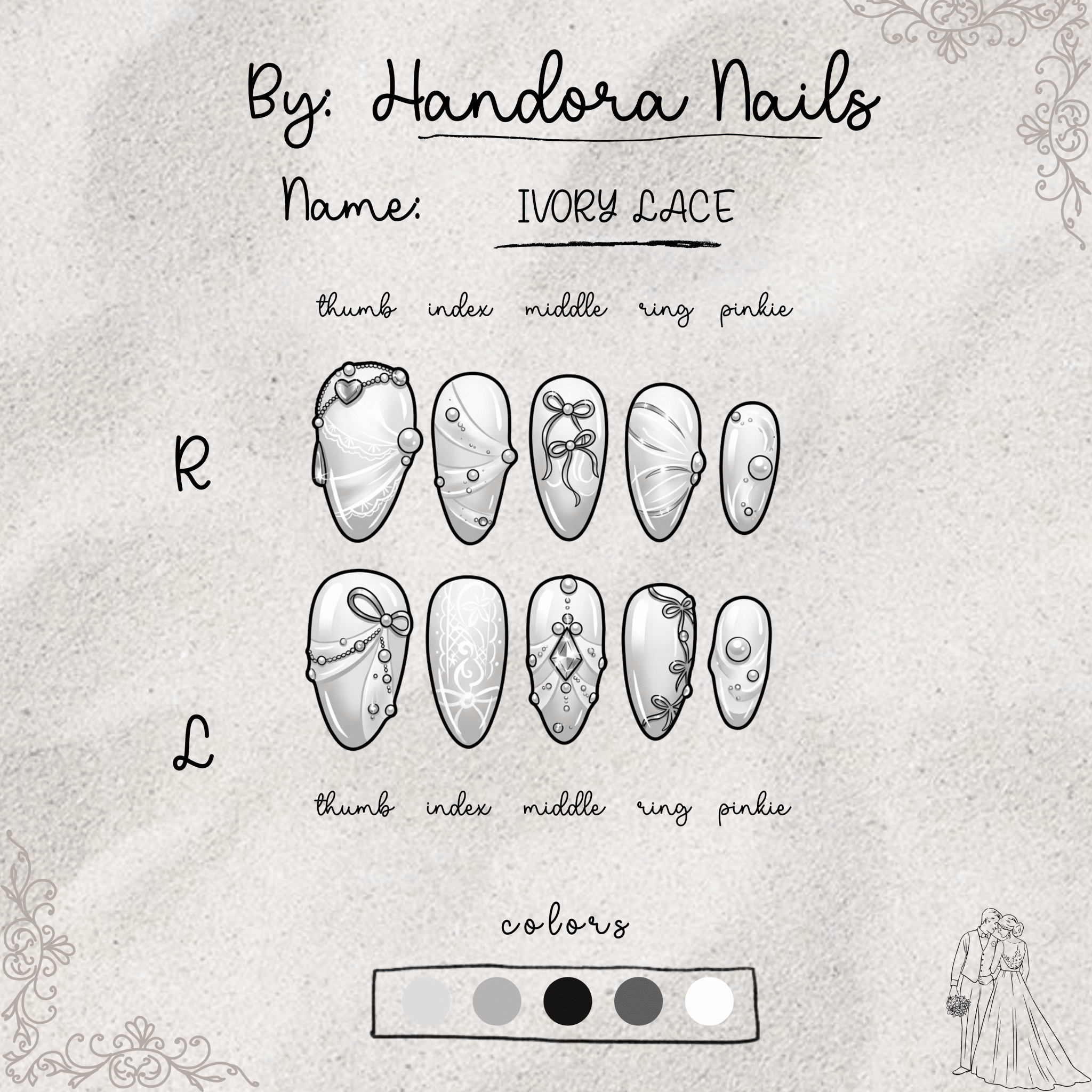 Ivory Lace bridal nail design – handmade press-on nails by Handora