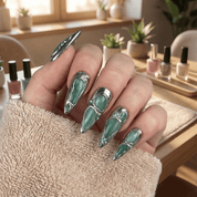 Jade Chrome press-on nails – hand-painted reusable gel set by Handora