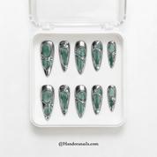Jade Chrome stiletto press-on nails – design close-up by Handora