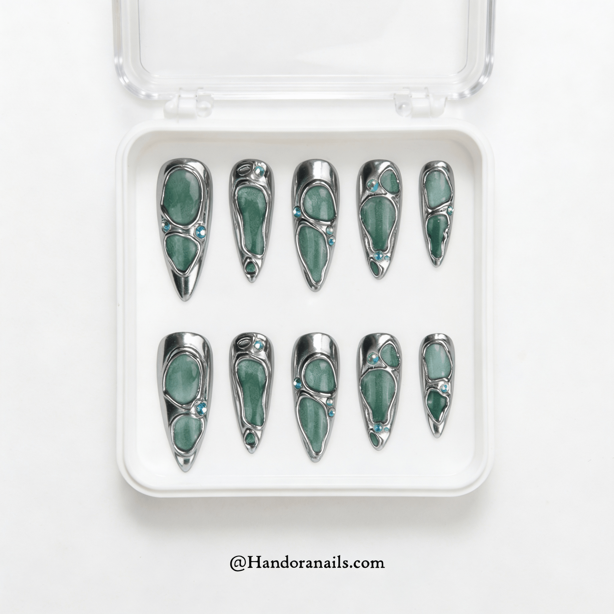 Jade Chrome stiletto press-on nails – design close-up by Handora