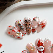 Jolly Joy press-on nails worn on hand – almond shape by Handora