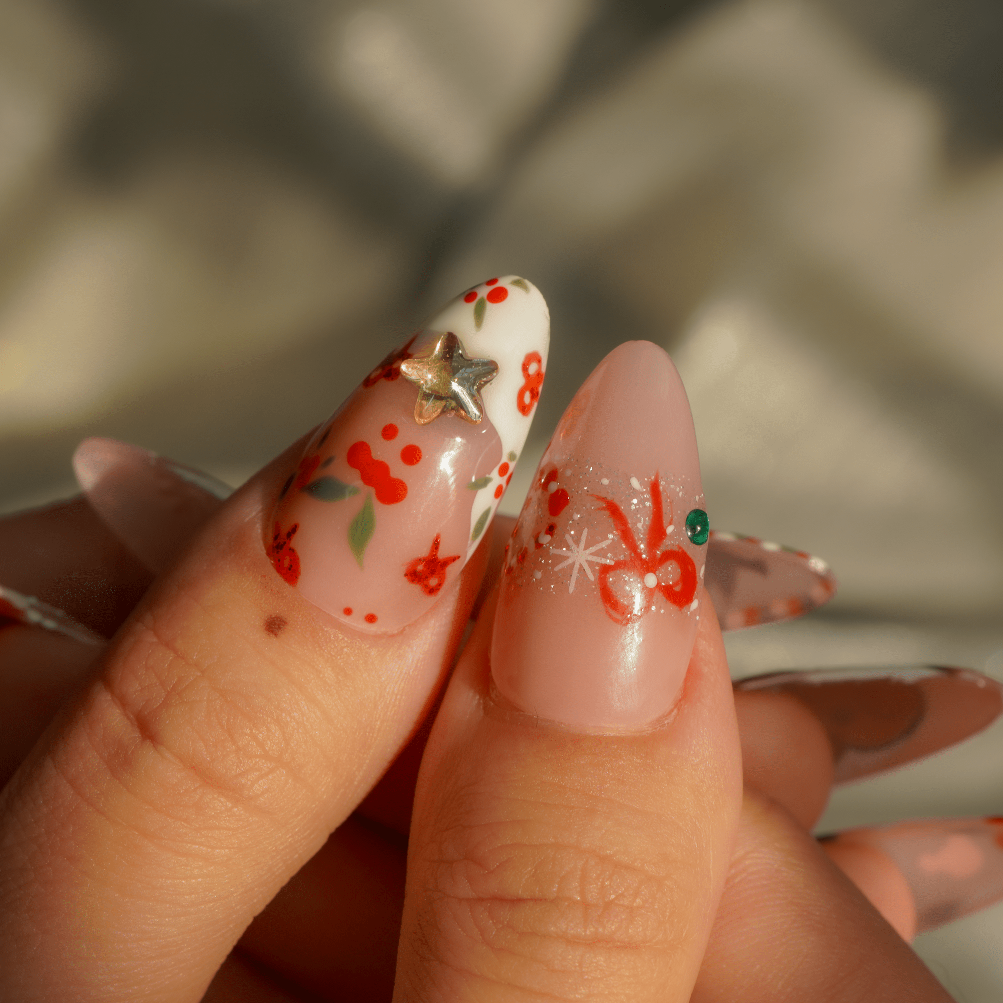 Jolly Joy almond press-on nails – design close-up by Handora