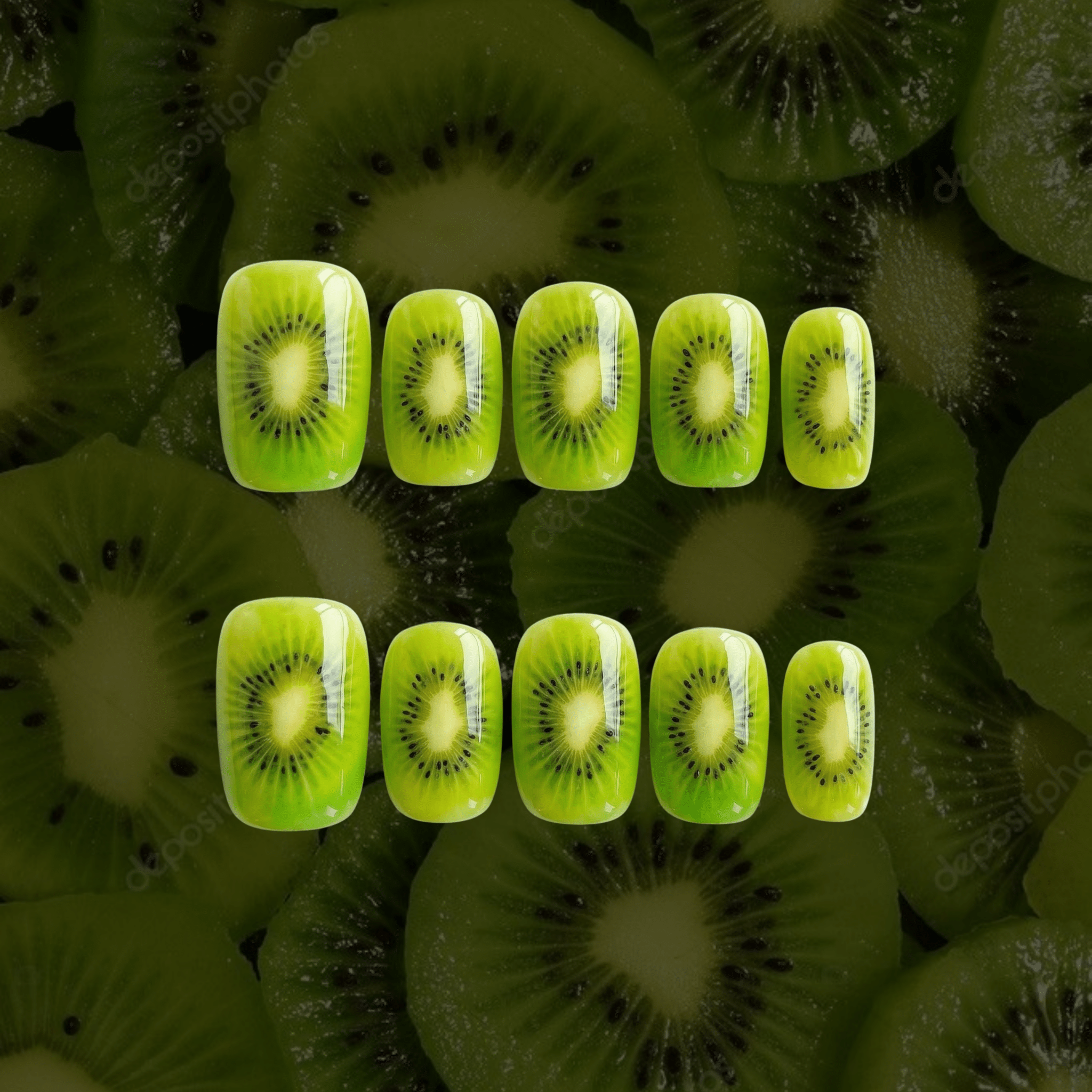 Juicy Kiwi press-on nails – hand-painted reusable gel set by Handora