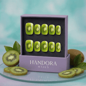 Juicy Kiwi press-on nails worn on hand – almond shape by Handora