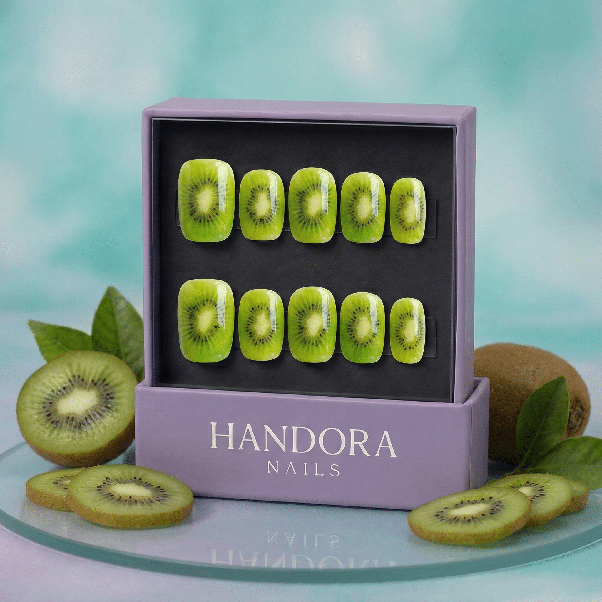 Juicy Kiwi press-on nails worn on hand – almond shape by Handora