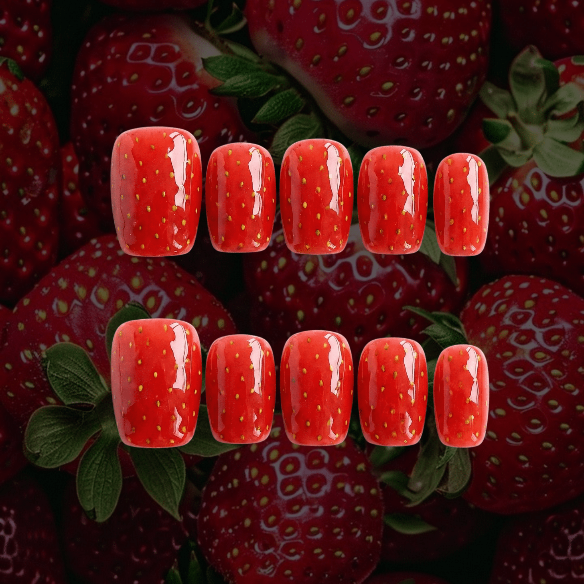 Juicy Strawberry press-on nails – hand-painted reusable gel set by Handora