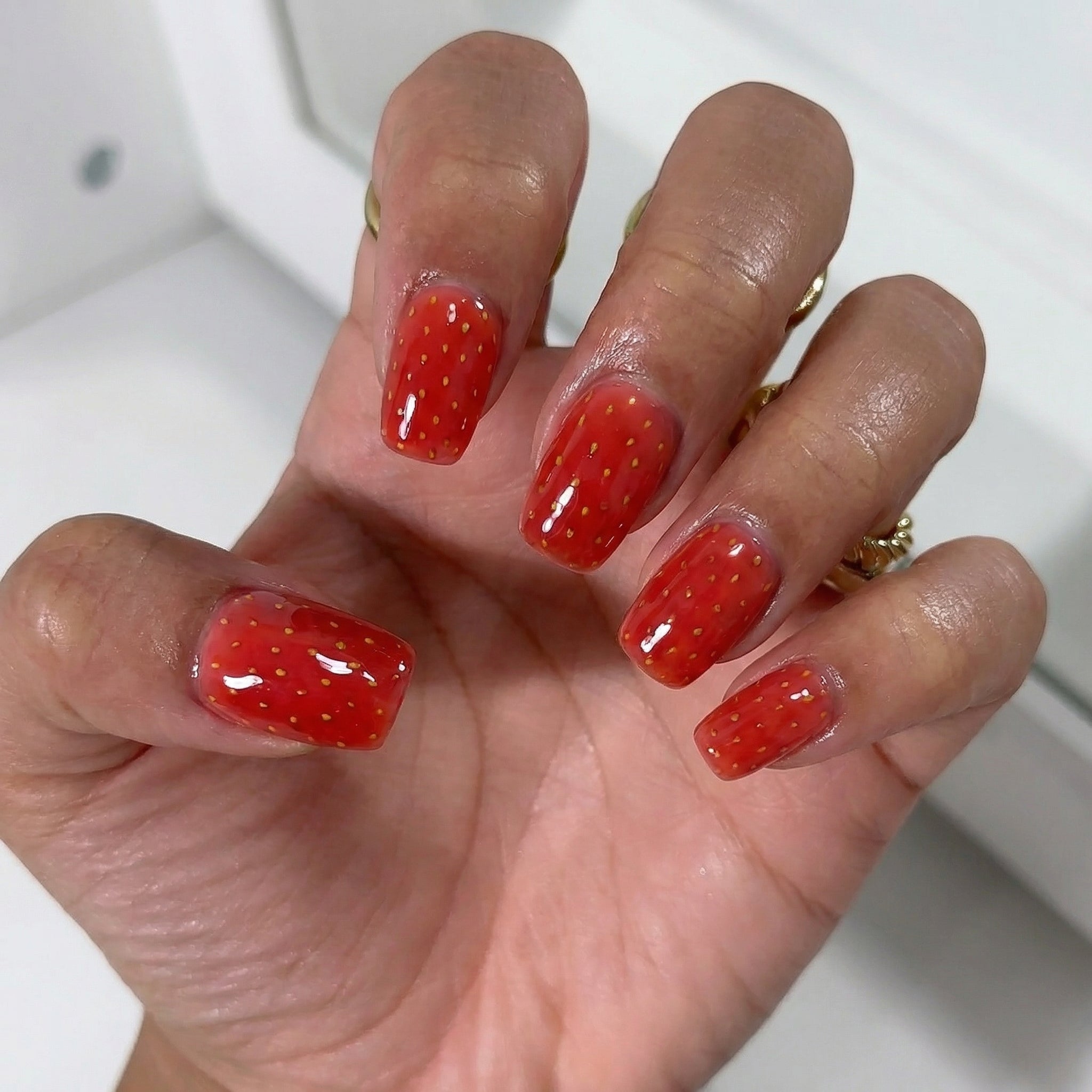 Juicy Strawberry nail design – handmade press-on nails by Handora
