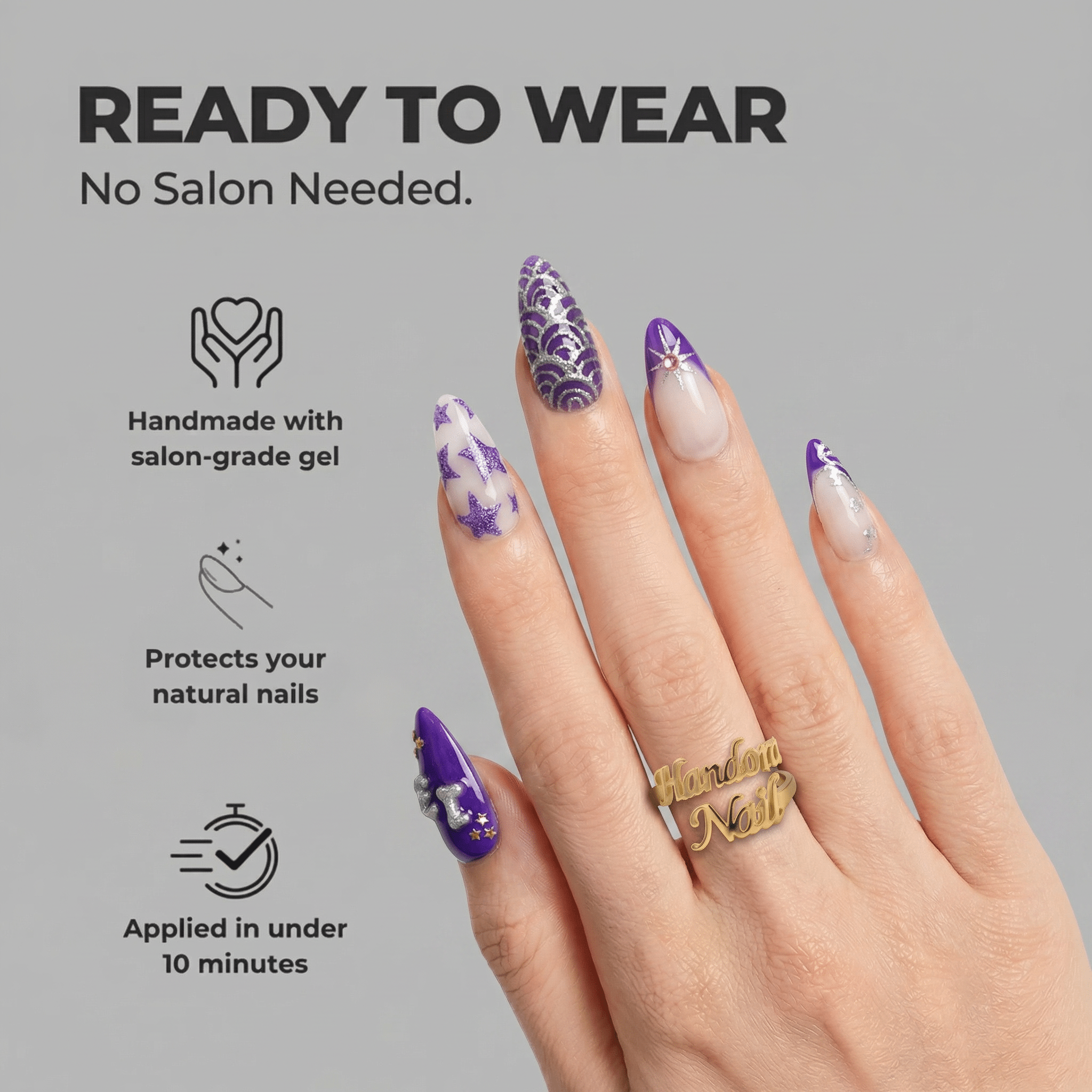 Karma's Time almond press-on nails – design close-up by Handora