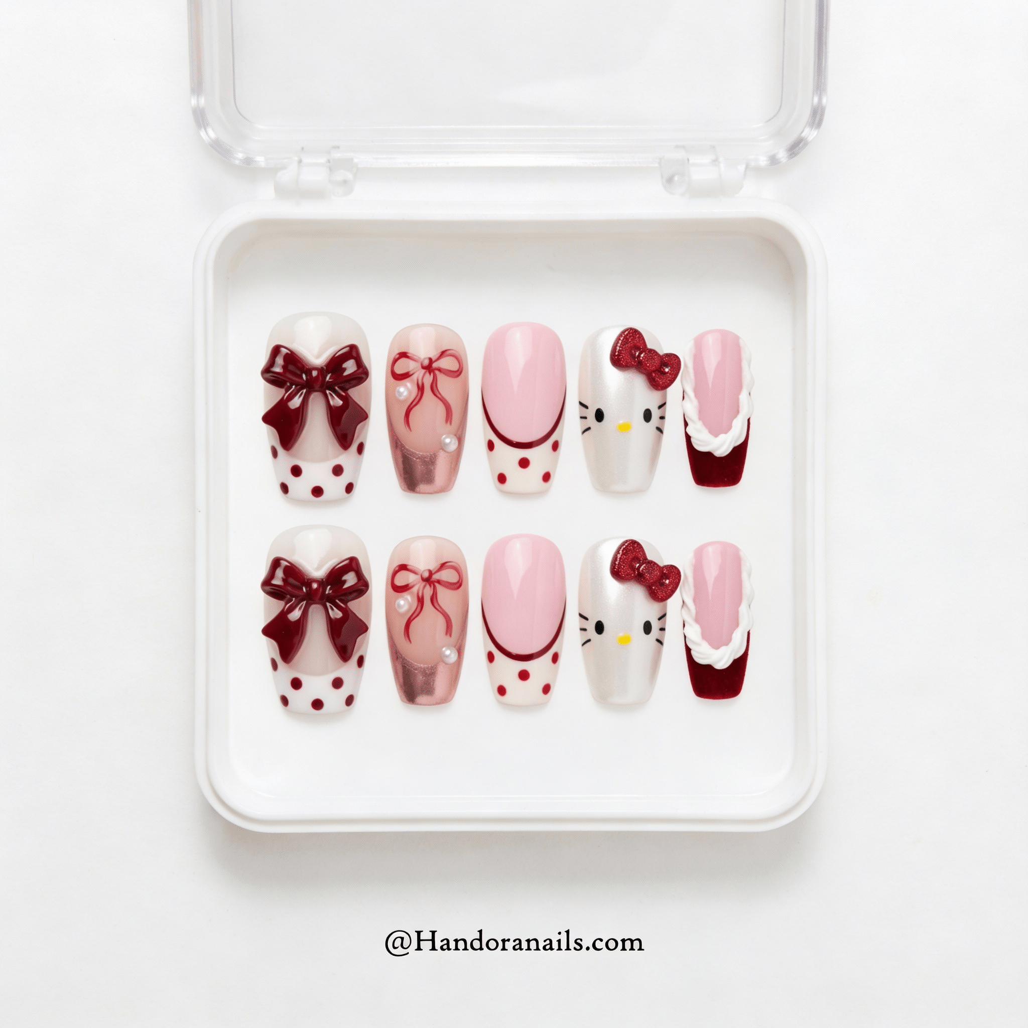 Kitty Coquette press-on nails – design close-up by Handora