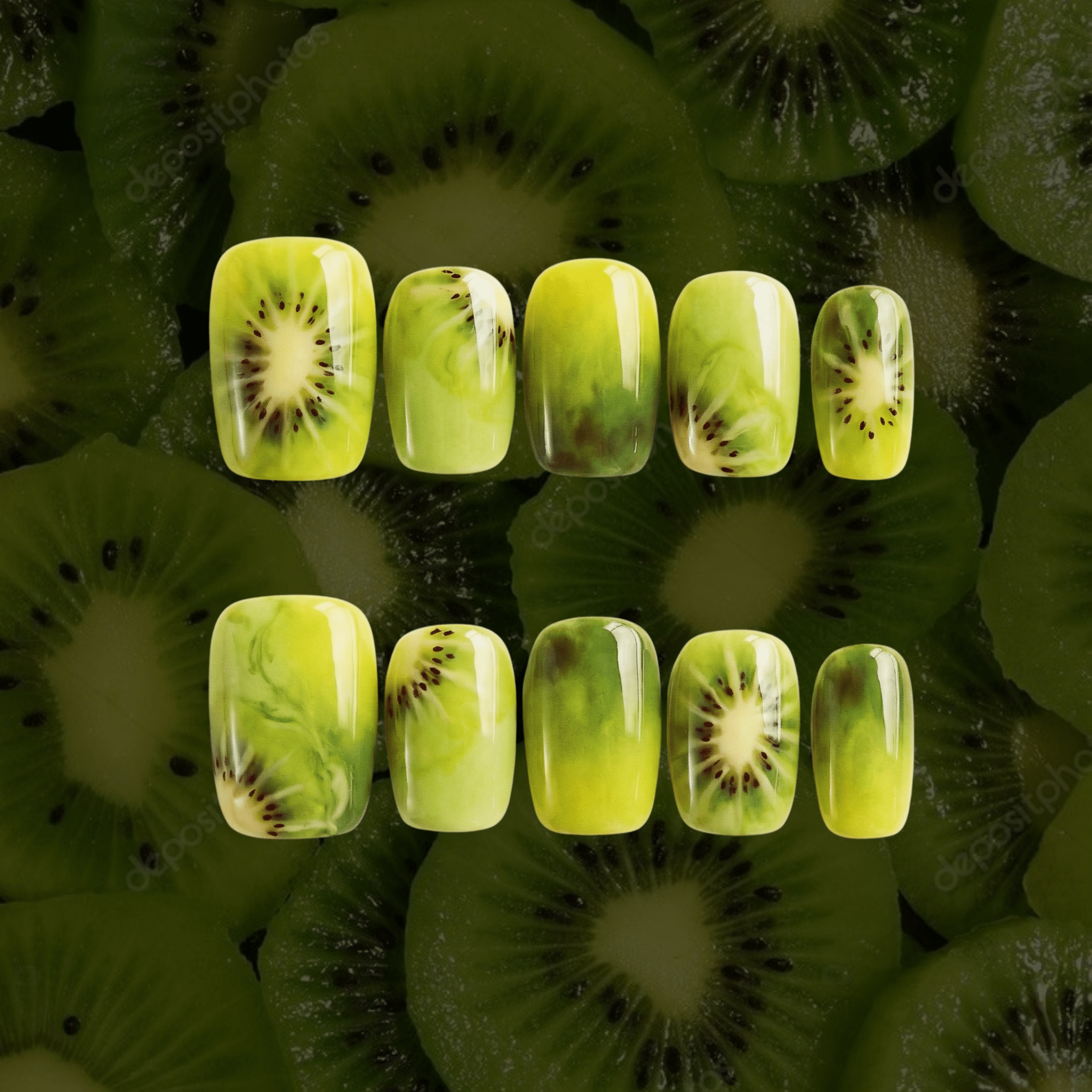 Kiwi Crush press-on nails – hand-painted reusable gel set by Handora