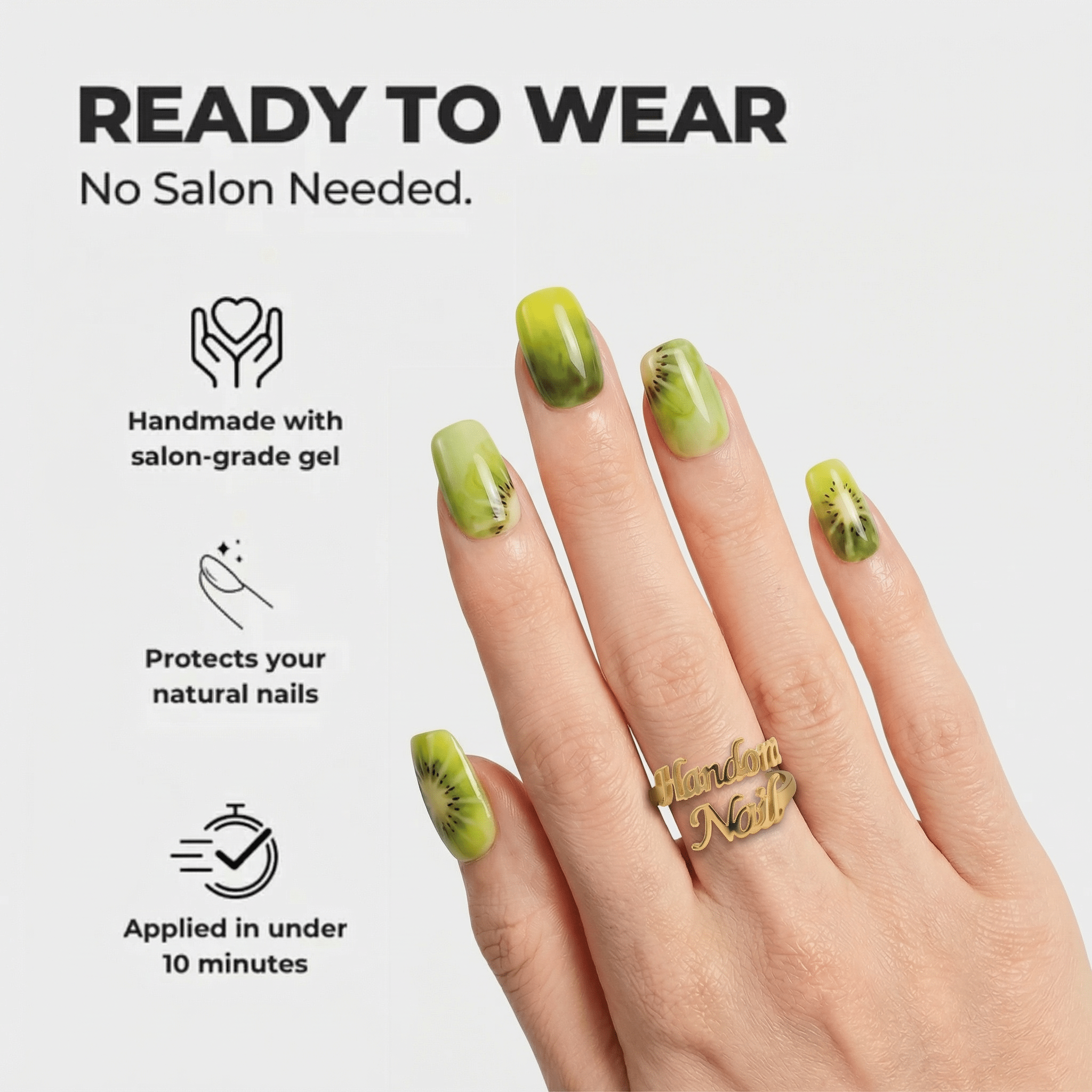 Kiwi Crush nail design – handmade press-on nails by Handora