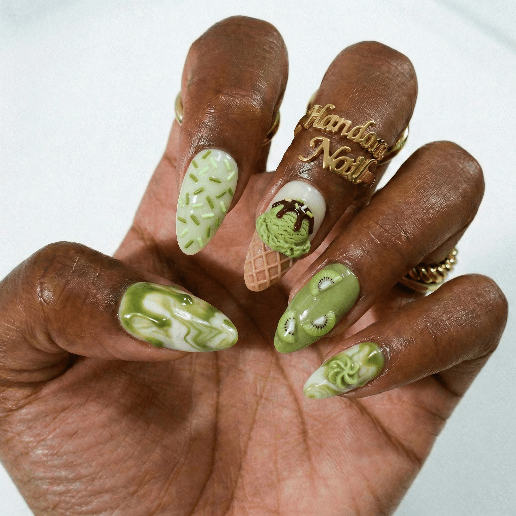Kiwi Sundae kawaii nail design – handmade press-on nails by Handora