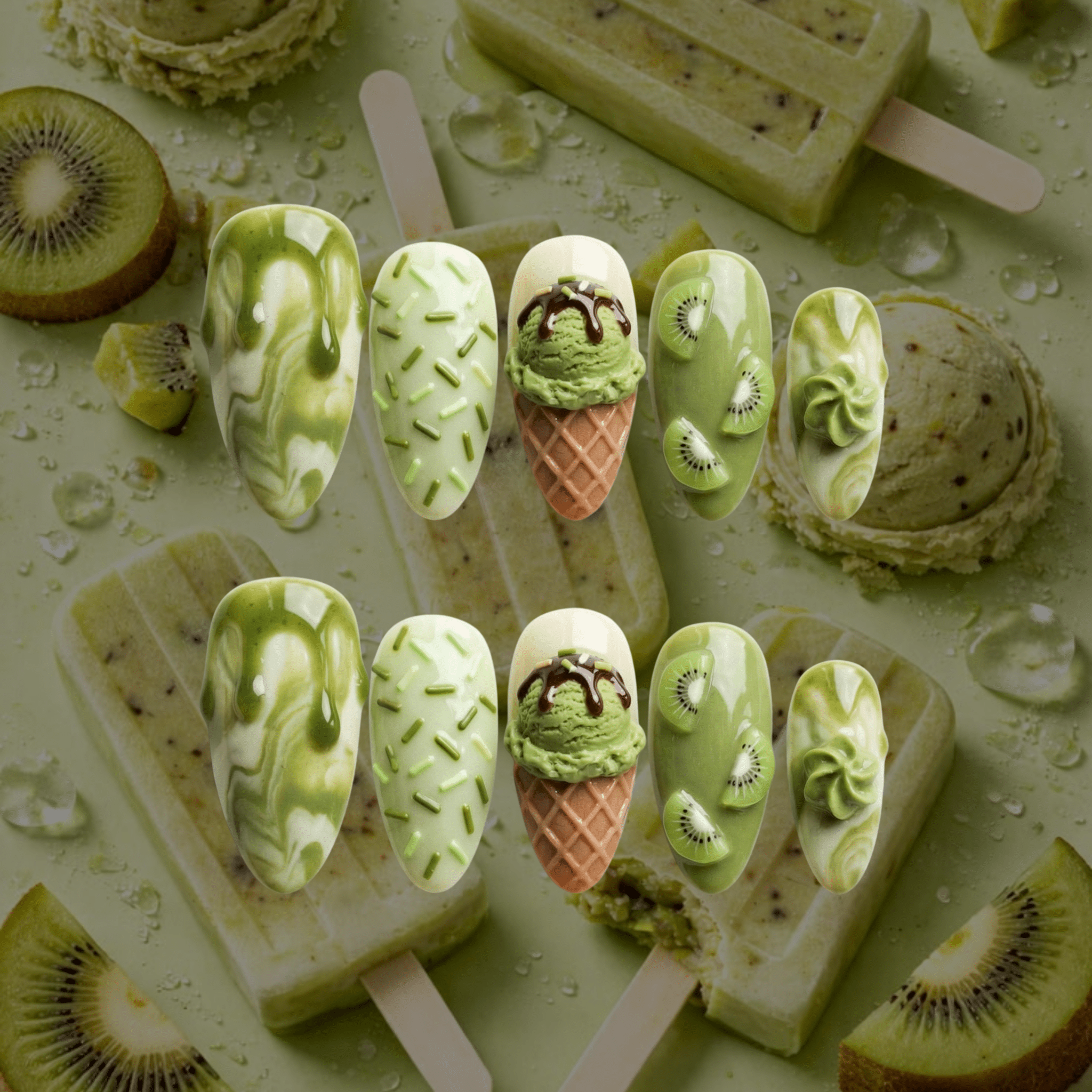 Kiwi Sundae press-on nails – hand-painted reusable gel set by Handora