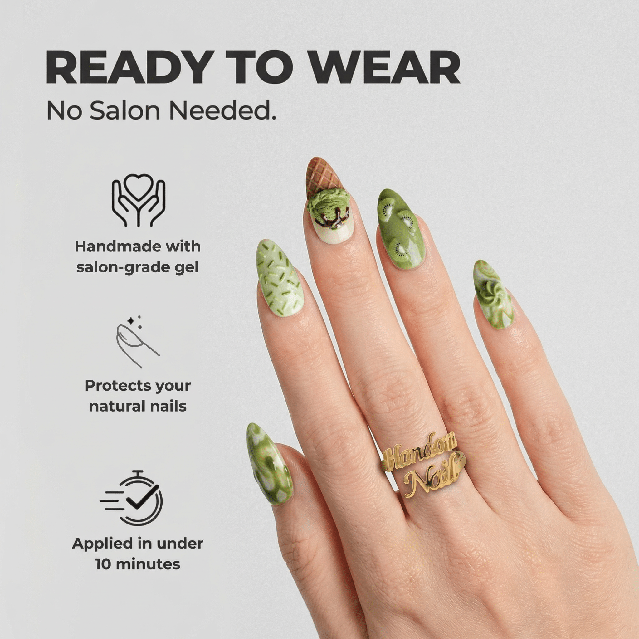 Kiwi Sundae press-on nails – design close-up by Handora