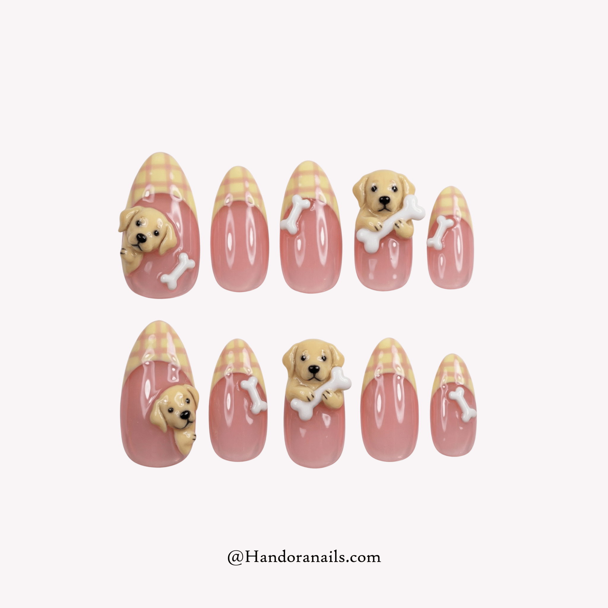 Labrador Charm almond kawaii press-on nails by Handora