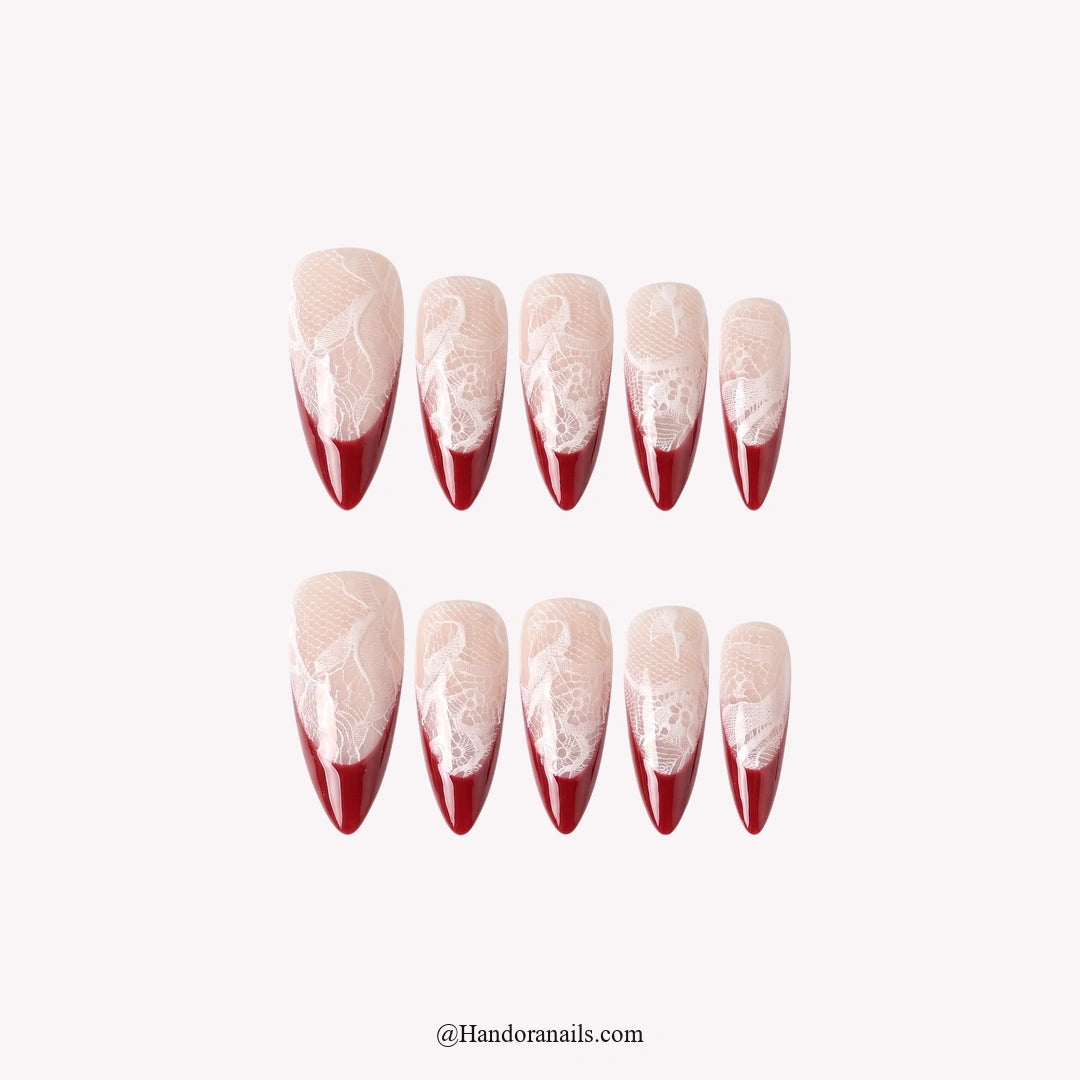 Lace Velvet Christmas press-on nails – full set on white background by Handora Nails