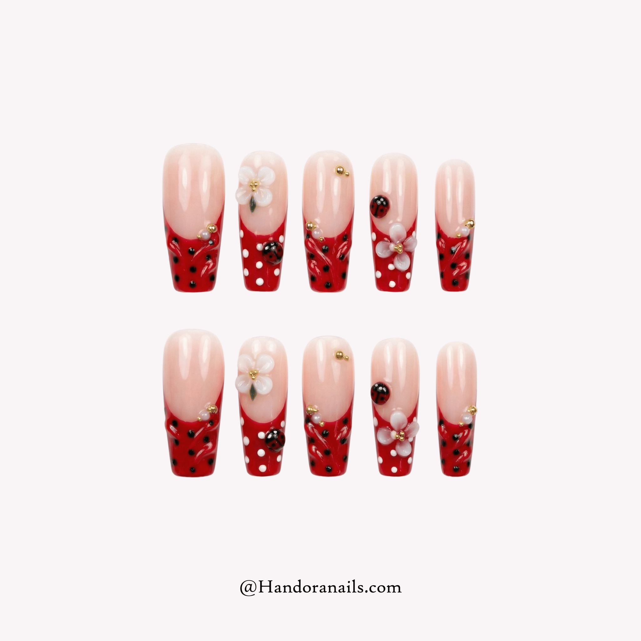 Ladybug Blossom coffin floral press-on nails by Handora