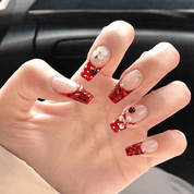 Ladybug Blossom coffin press-on nails – design close-up by Handora