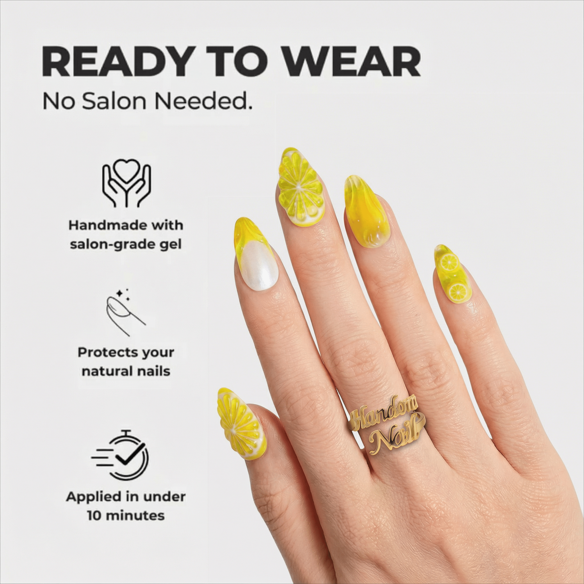 Lemon Glow press-on nails – design close-up by Handora