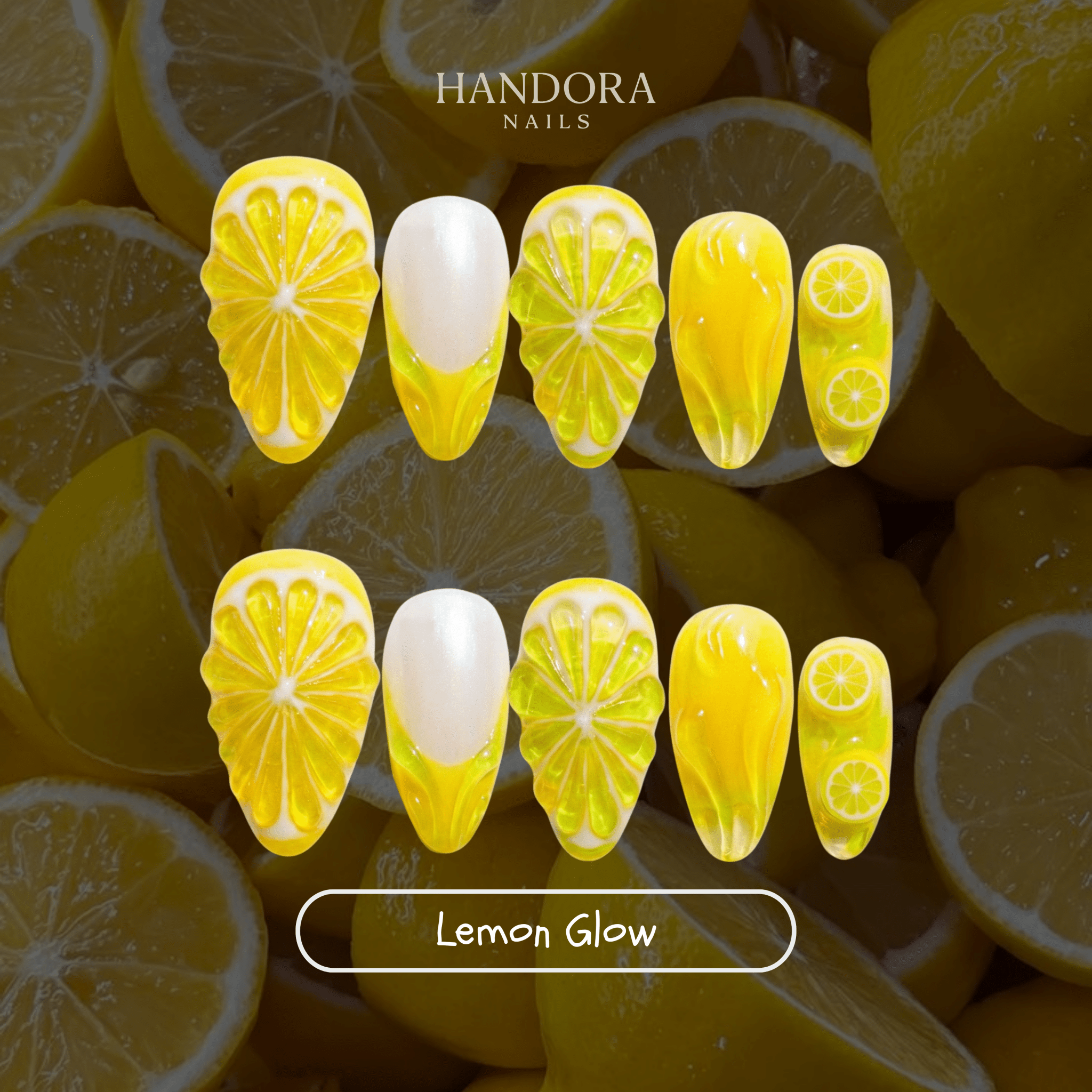 Lemon Glow press-on nails – hand-painted reusable gel set by Handora