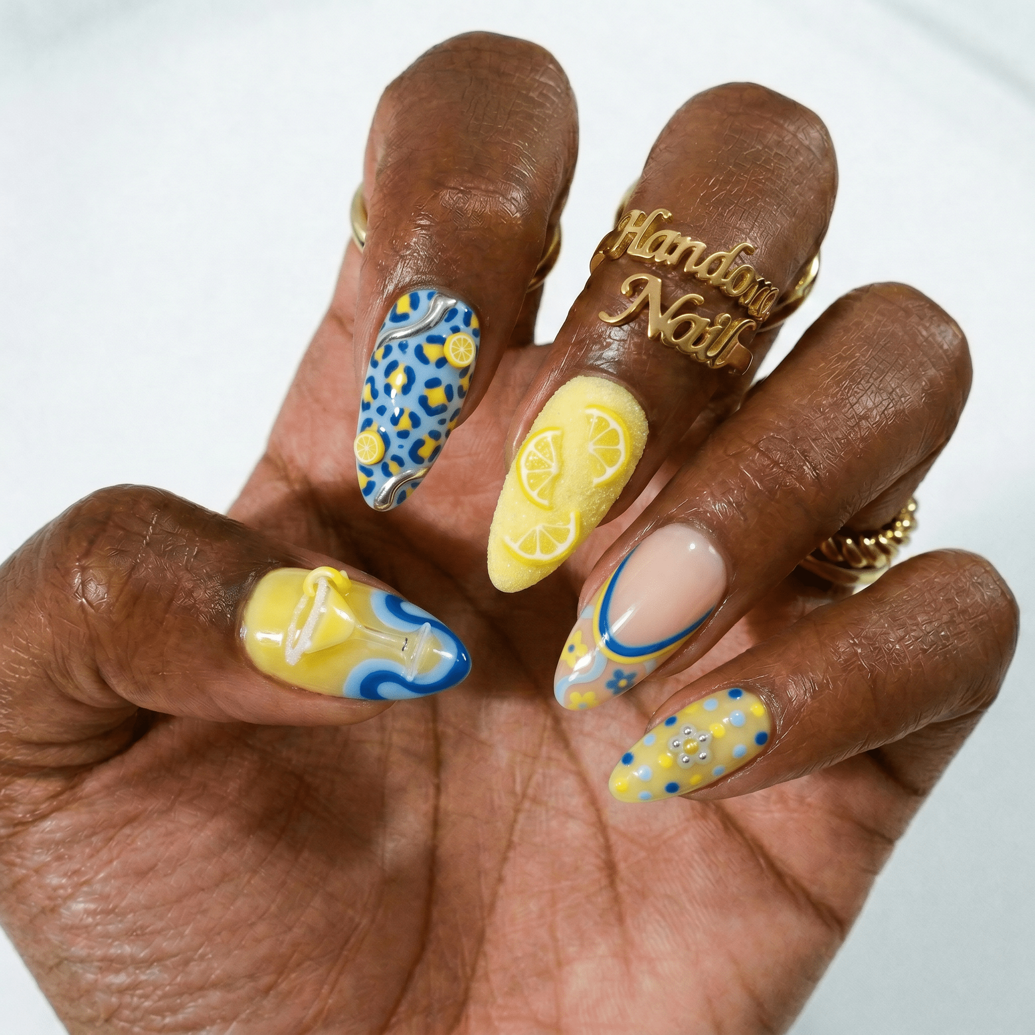 Lemon Martini press-on nails – hand-painted reusable gel set by Handora