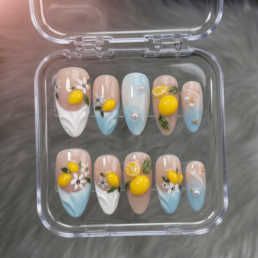 Lemon Splash salon-quality handmade press-on nails by Handora