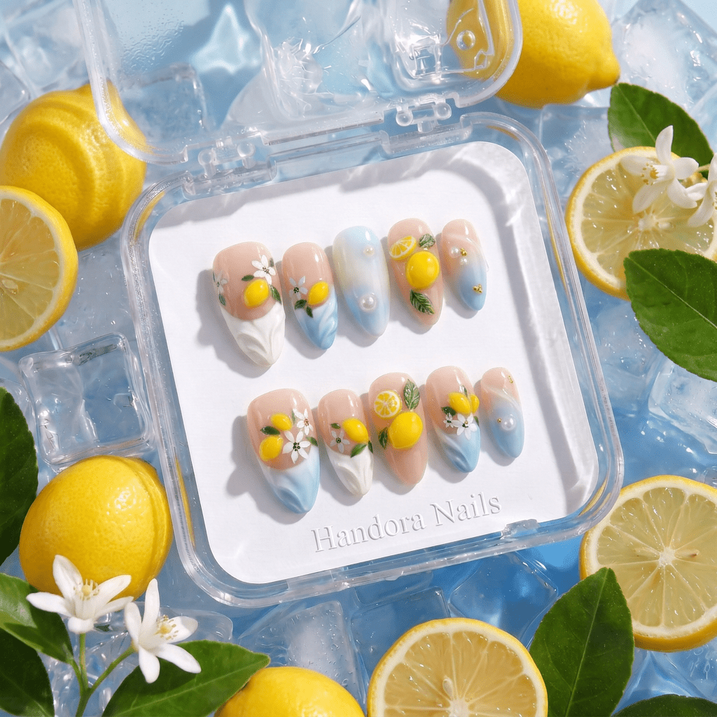 Lemon Splash press-on nails – hand-painted reusable gel set by Handora