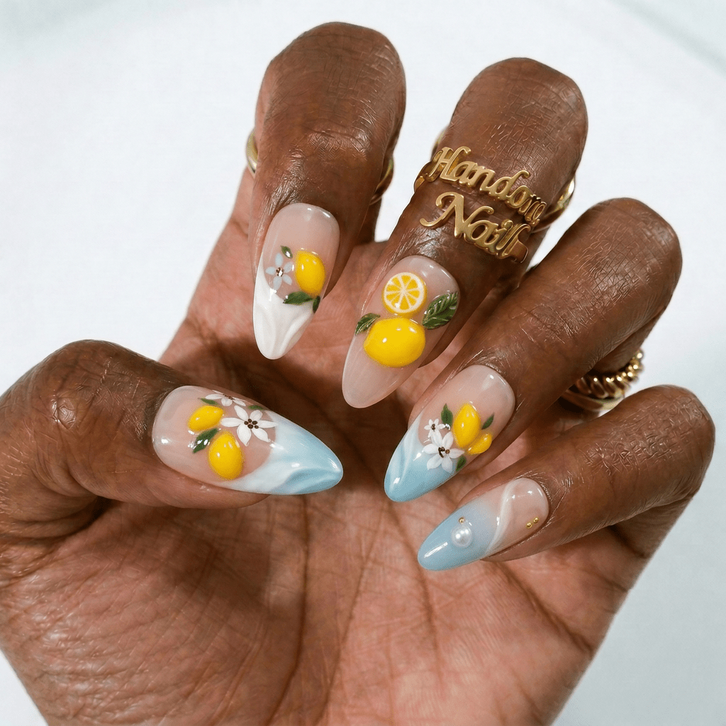 Lemon Splash french tip nail design – handmade press-on nails by Handora