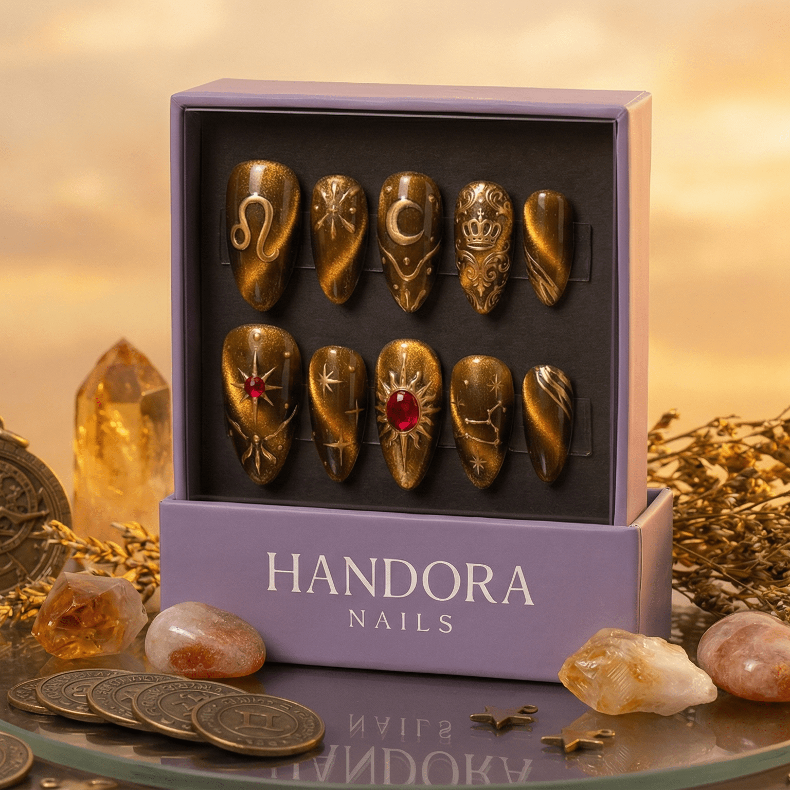 Leo Royal press-on nails – hand-painted reusable gel set by Handora