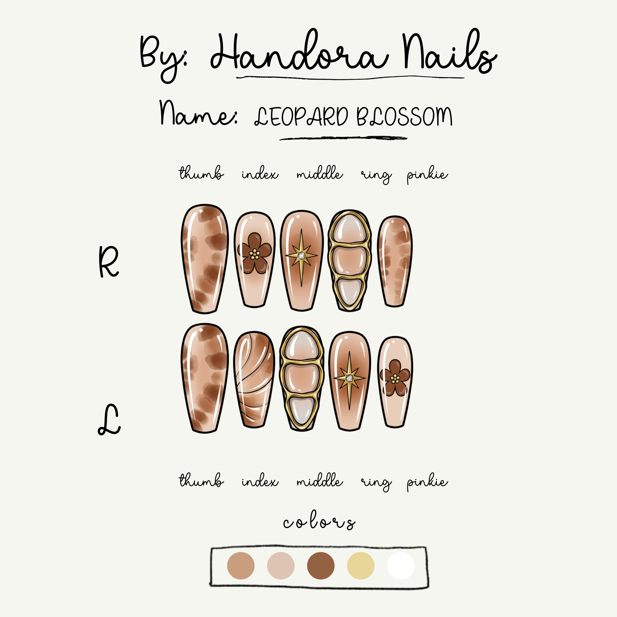 Leopard Blossom press-on nails – design close-up by Handora