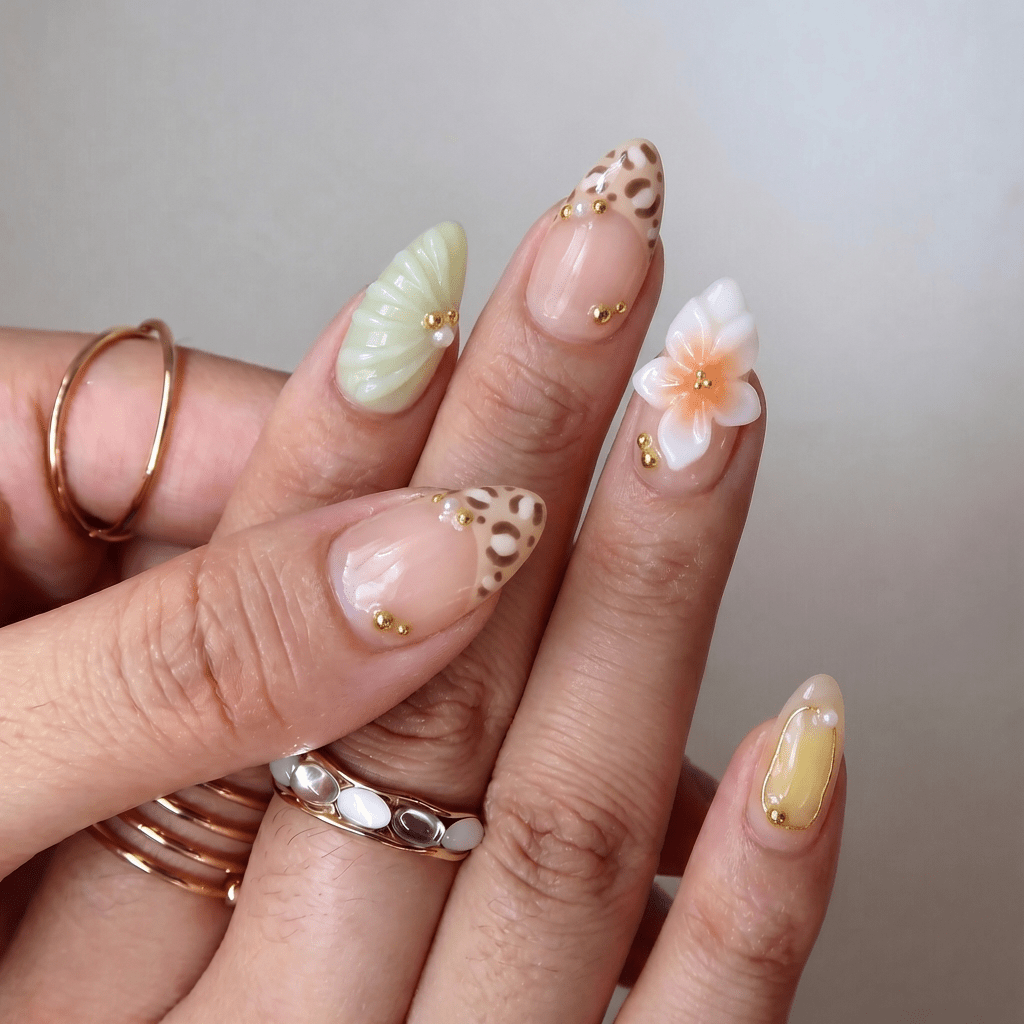 Leopard Flower press-on nails – hand-painted reusable gel set by Handora