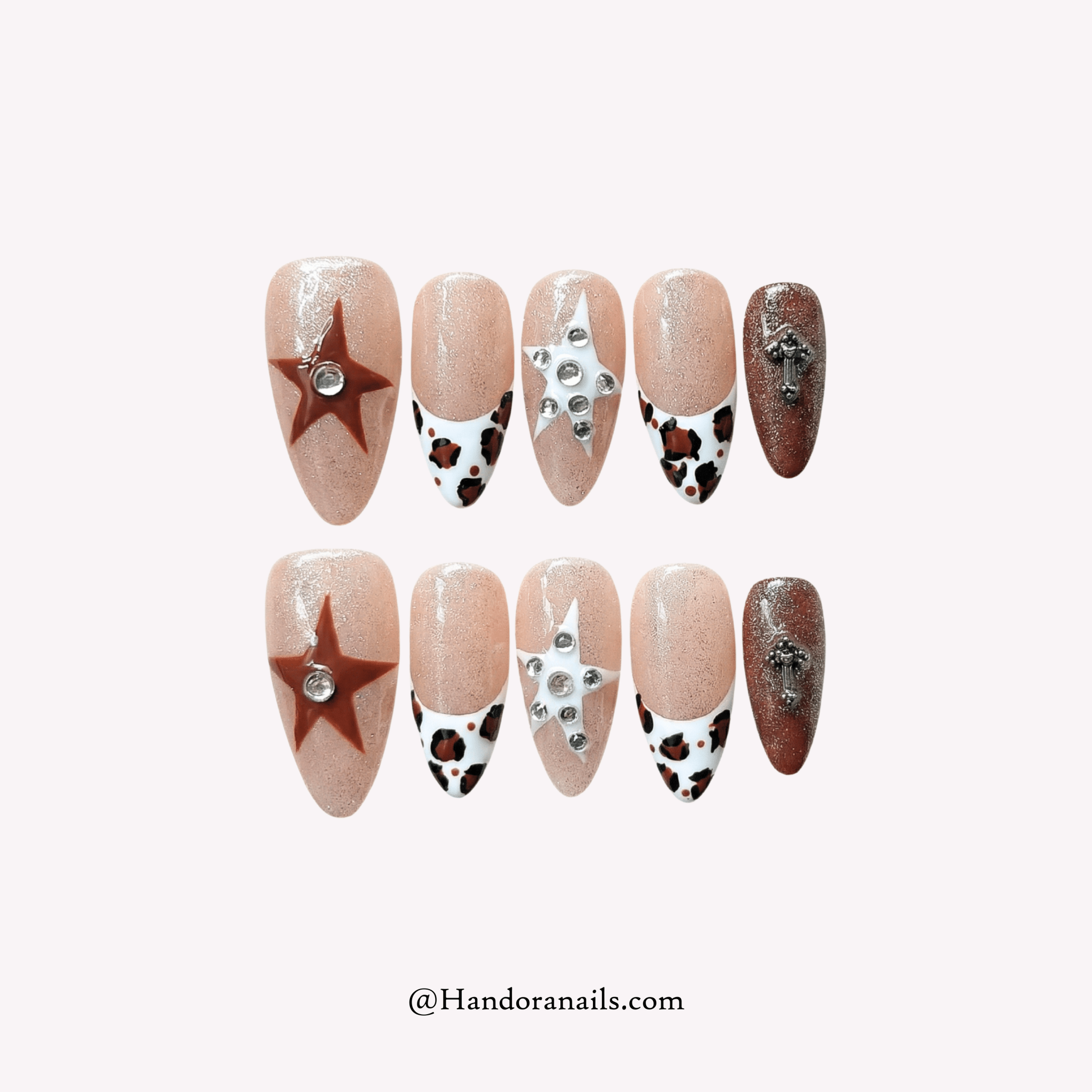 Leopard Stars almond press-on nails by Handora
