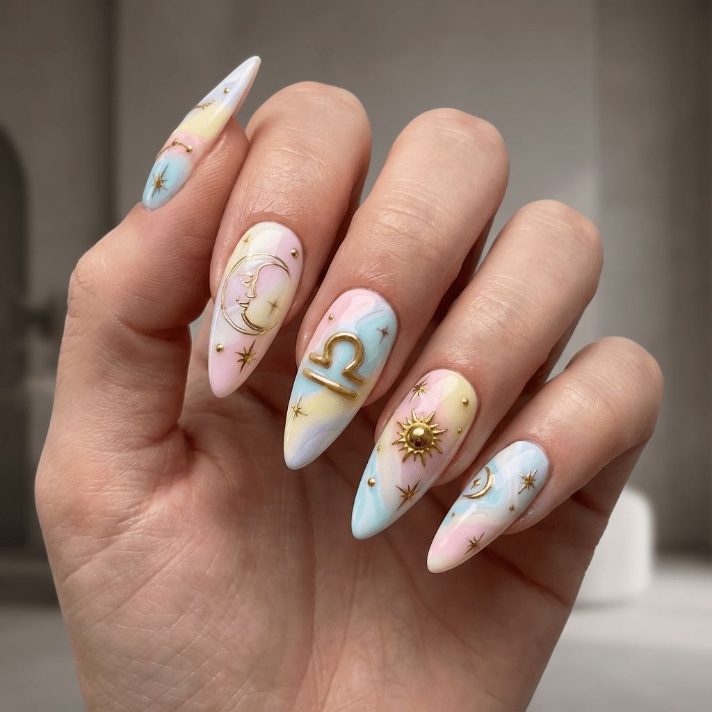 Libra Ethereal press-on nails – hand-painted reusable gel set by Handora