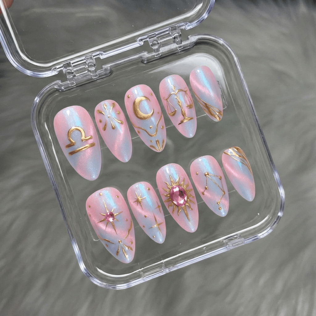 Libra Muse press-on nails worn on hand – almond shape by Handora