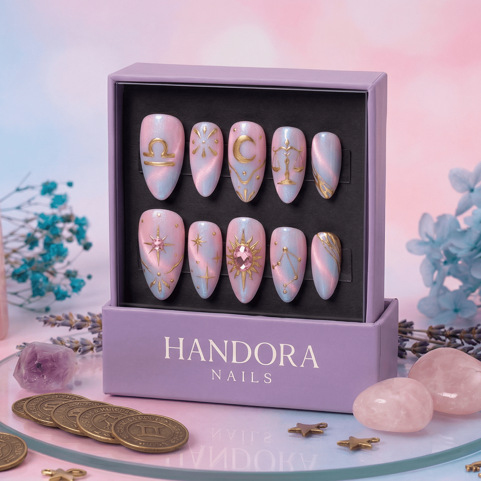Libra Muse press-on nails – hand-painted reusable gel set by Handora