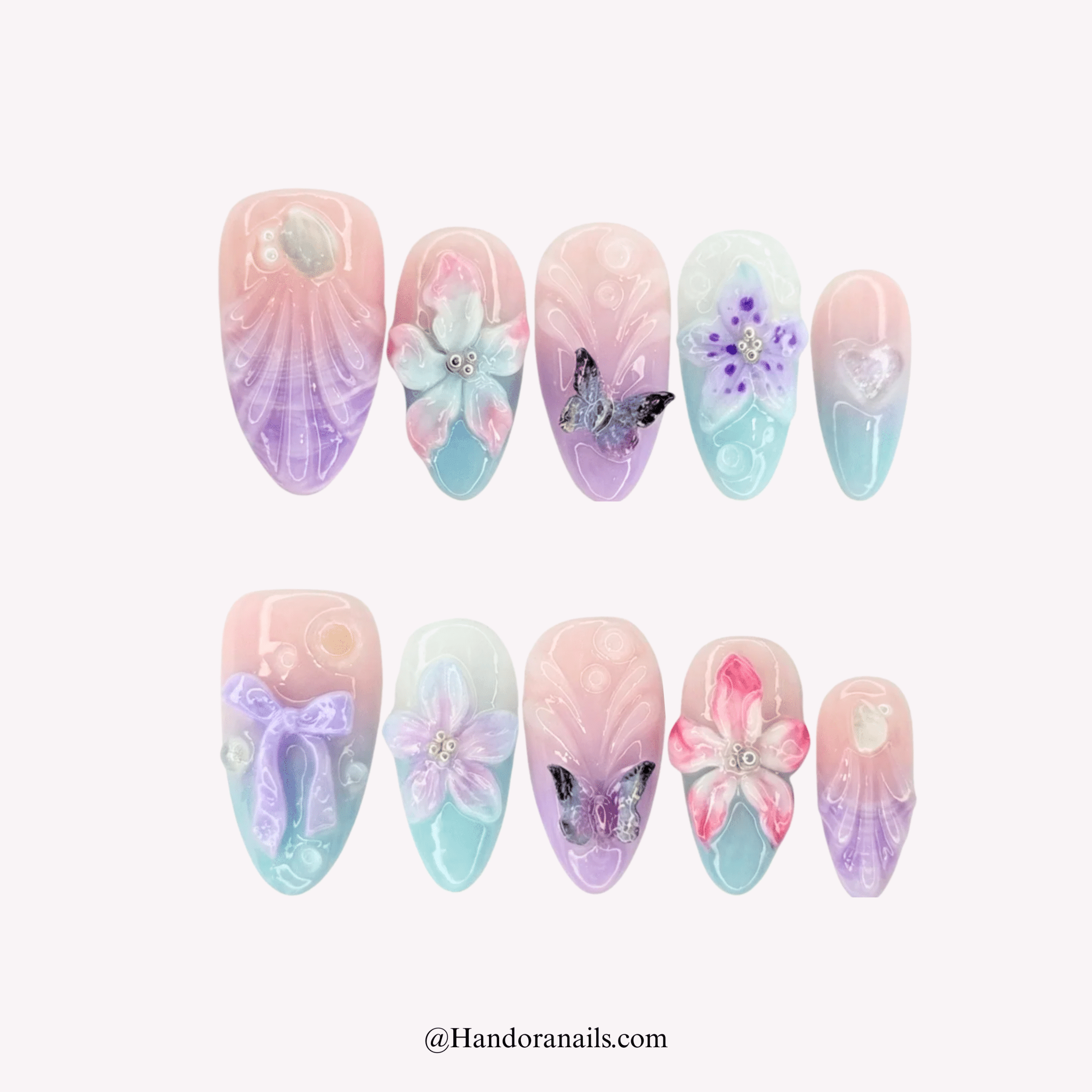 Lilac Whisper almond floral press-on nails by Handora
