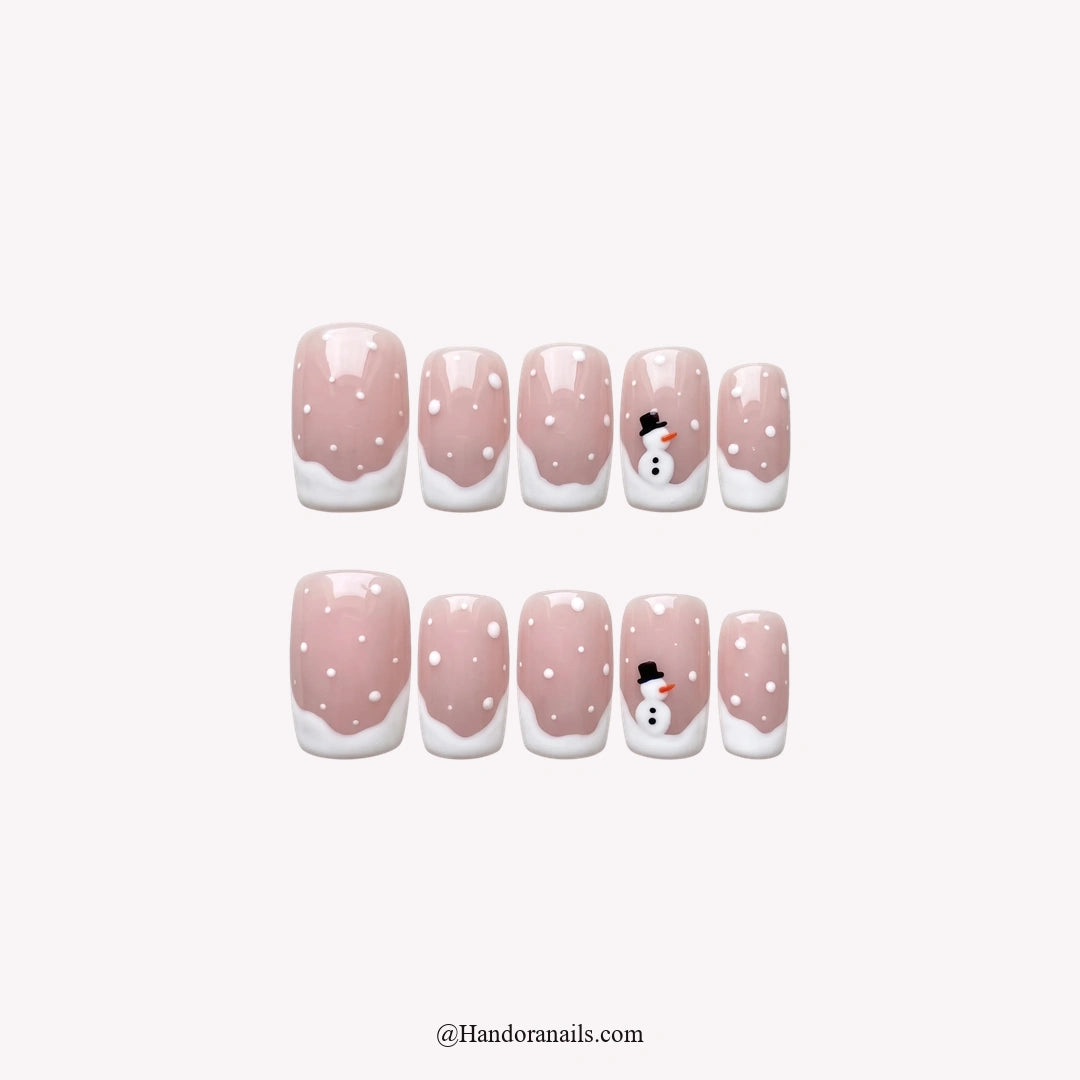 Little Snowman Christmas press-on nails - white background by Handora Nails