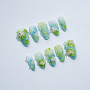 Lotus Pond press-on nails – design close-up by Handora